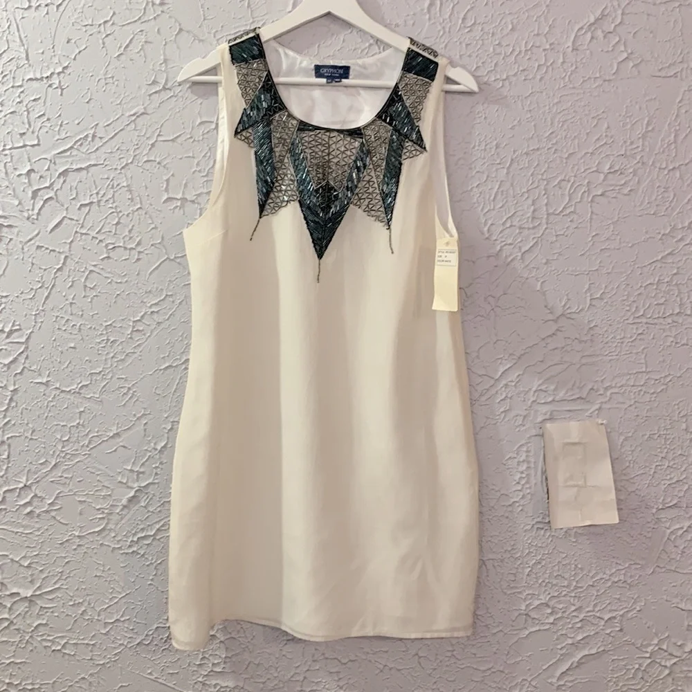 Gryphon NEW 100% Silk Cocktail Dress White Medium Beaded Neckline Flirty Party - Picture 3 of 12